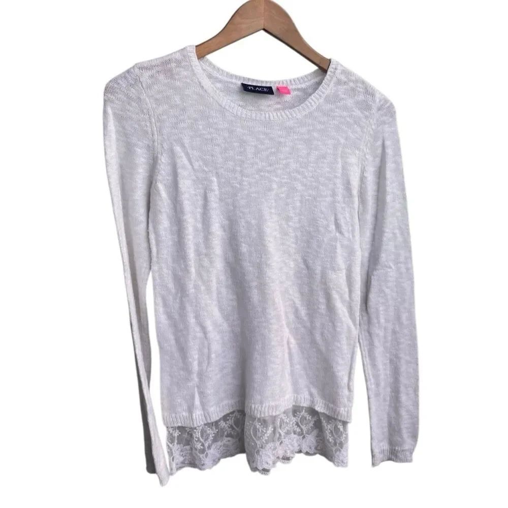 The Children’s Place White Knit Spring Sweater Lace Hem Girls L (10/12)